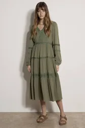 Women's Lace Trim Tiered Midi Dress in Khaki Size: 10 - Khaki - Size: 10