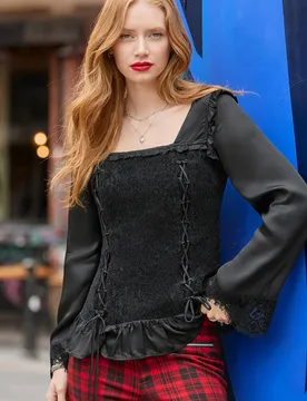 Women's Wide Sleeve Lace Blouse With Lace Up Detailing in Black Size: 22 - Black - Size: 22 - Joe browns - FashionsVida