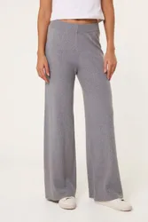 Women's Elasticated Grey Ribbed Wide Leg Trousers Slip On Size: 10-12 - Grey - Size: 10-12