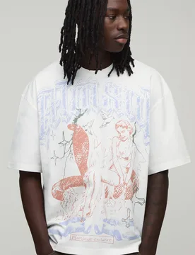 Men's Oversized Gothic Doodle Print T-Shirt Ecru Size X-Small Ecru XS - boohooMAN - FashionsVida