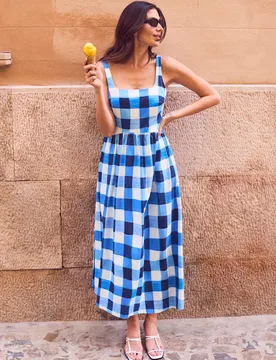Cotton Rich Checked Midaxi Waisted Dress Blue Mix female - RO&ZO - FashionsVida