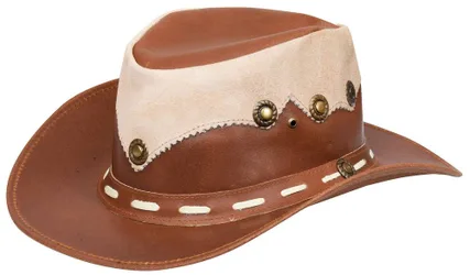 Unisex Australian Western Style Cowboy Outback Real Leather & Suede Aussie Bush Hat in Tan Size: 2XL - Tan - Size: 2XL