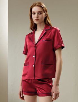 Pyjama Soie Avec Passepoil Contrasté Et Poches 100% Soie Pure Léger Et Résistant Aux Rides S