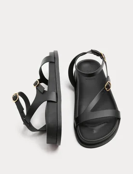 Leather Buckle Ankle Strap Flat Sandals Black female - M&S - FashionsVida