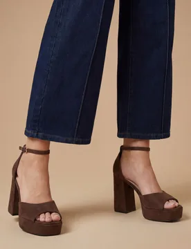 Womens : Hope Faux Suede Peeptoe High Block Heel Platform Sandals - Chocolate - Size Uk 8 - Faith - FashionsVida