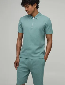 Men's Slim Fit Waffle Polo & Short Set Sage Size X-Small Sage XS - boohooMAN - FashionsVida