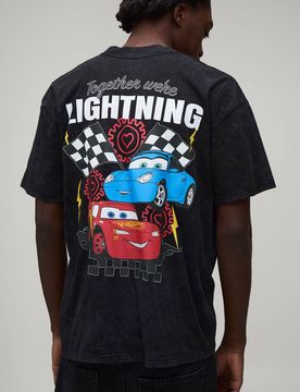 Herren Übergroßes Lightning McQueen Acid-Wash-Lizenz-Print-Oberteil Black Größe Medium