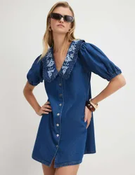 Pure Cotton Embroidered Mini Shirt Dress Dark Blue Denim female