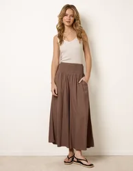 Wide Leg Shirred Waist Wavy Trousers - L/XL / MOCHA - female