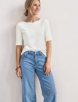 T-Shirt mit Wavy Neckline in Unifarbe female Weiß - Street One - FashionsVida