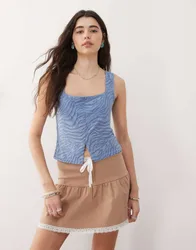Womens Split Front Tank In Blue Flocked Zebra Print - Sky Blue - Size Small