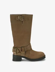 Suede Block Heel Round Toe Knee High Boots Beige female