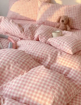 Juego de ropa de cama con funda nórdica de 2/3 piezas, estilo Ins lindo con patrón de lazo a cuadros rosa, suave y transpirable, inductor del sueño - Shein - FashionsVida