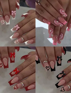 Piezas (4 estilos mixtos) Uñas postizas en forma de ataúd y corazón, manicura francesa con strass 3D en forma de lazo, uñas acrílicas postizas de - Shein - FashionsVida