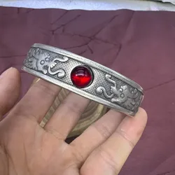 Solid Ethnic Bangle Double Dragon Inlaid Ruby, Retro Solid Wristband Vintage Decor Bracelet for Women