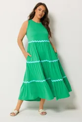 Contrast Swirl Tiered Maxi Dress - Green - Size: 16