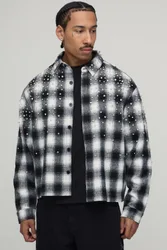 Herren Oversized Kastenförmiges Juwelen-Strass Karohemd Black Größe XS
