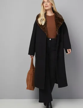 Womens Petite Leopard Faux Fur Collar Coat - Black - Size 14 Uk - Wallis - FashionsVida