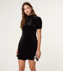 Polka Dot Puff Sleeve Dress - M / BLACK - female