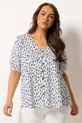 Floral Button Front Top - White - Size: 16