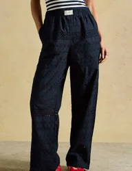 Pure Cotton Broderie Wide Fit Trousers Navy female