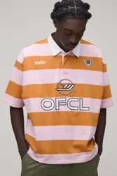 Mens Oversized Boxy Man Sport Embroidered Stripe Rugby Polo - Pink Cotton - Size 5xl