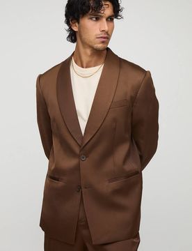 Herren Entspannt geschnittener Satin-Blazer mit Schalkragen Chocolate Größe 38