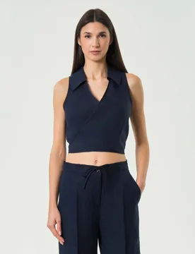 Top incrociato con scollo a V blu Originals in puro lino - Colmar - FashionsVida