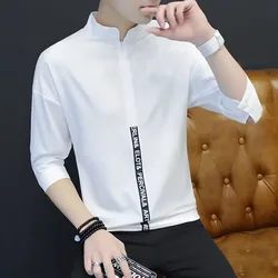 Men's Clothing Solid Temperament Simplicity Handsome Three Quarter Sleeve Button Turn-down Collar Spring Summer T-Shirts