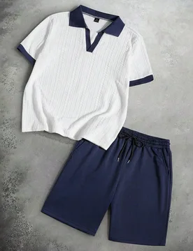 Conjunto de 2 piezas: Camiseta de cuello en V de manga corta con contraste de colores + Pantalones cortos con cordón y cintura elástica para hombre - Shein - FashionsVida