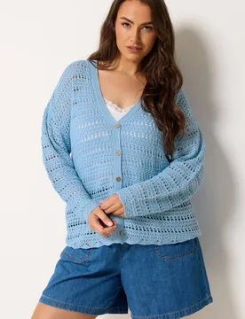 Women's Pointelle Knit Cardigan Sweater in Light Blue Size: 14-16 - Light Blue - Size: 14-16 - Yours - FashionsVida
