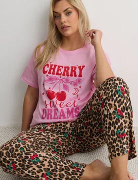 Cherry & Leopard Print Pyjama Set - Multicolor - Size: 30-32 - Yours - FashionsVida