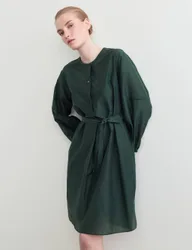 Cotton Silk Blend Knee Length Shirt Dress Dark Green female
