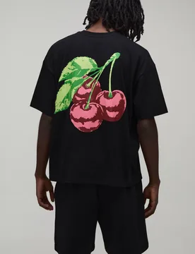 Men's Oversized Cherry Printed T-Shirt & Baggy Short Set Black Size Small Black S - boohooMAN - FashionsVida