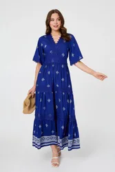 Women's Border Print 1/2 Sleeve Maxi Dress in Blue Size: 18 - Blue - Size: 18