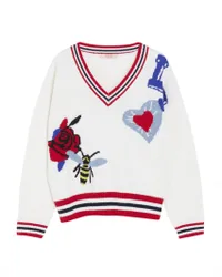 Maglia bianca in misto lana e alpaca con scollo a V e ricami jacquard 10-16 anni