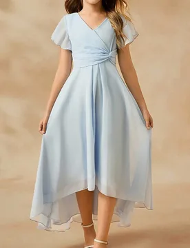 Vestido azul de mujer de gasa con cuello en V, sin mangas, cintura alta y dobladillo asimétrico largo - Shein - FashionsVida