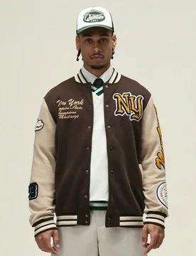Chaqueta de béisbol casual de manga larga con botones delanteros y bloques de color, chaqueta de Nueva York, chaqueta gráfica, para el otoño - Shein - FashionsVida
