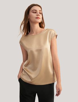 Donna Maglietta Base in Seta Charmeuse Lucida Cammello XXL