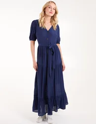 Button Through Tie Maxi Dress - 18 / NAVY - female
