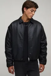 Herren Kastige Harrington-Jacke Aus Strukturiertem PU-Material Black Größe 2XL
