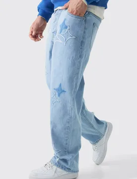 Herren Entspannte Steife Jeans Hosen Mit Stern-Applikation Light Blue Größe 46R - boohooMAN - FashionsVida