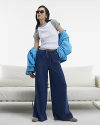Womens Wide Leg Jeans Blue High Waisted Drawstring Lyocell - Size 10 Short