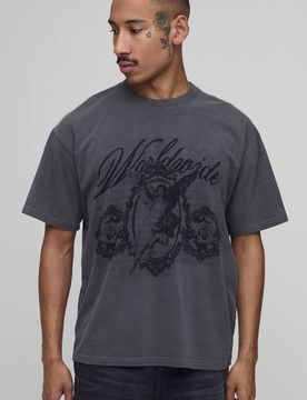 Herren Übergroßes Renaissance-Druck Gewaschenes Print-Oberteil Charcoal Größe Medium