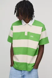 Herren Regular Fit Kurzarm Rugby-Poloshirt Mit Bestickten Streifen Green Größe Large