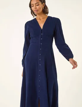 Women's Corduroy Button Through Midi Dress in Navy Size: 18 - Navy - Size: 18 - Roman - FashionsVida
