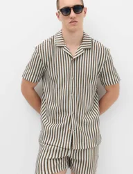 Cotton Blend Textured Striped Short Sleeve Shirt Ecru Mix male