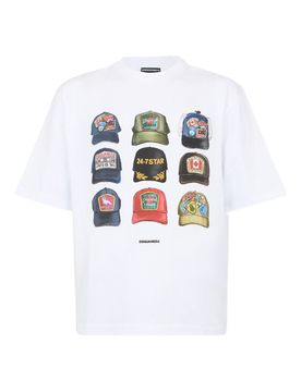 T-shirt bianco uomo stampa cappellini