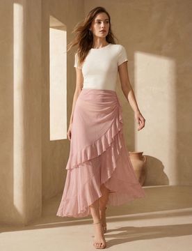 Gonna midi asimmetrica con volant - rosa