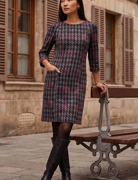 Women's Houndstooth Pocket Shift Stretch Dress in Red Size: 12 - Red - Size: 12 - Roman - FashionsVida